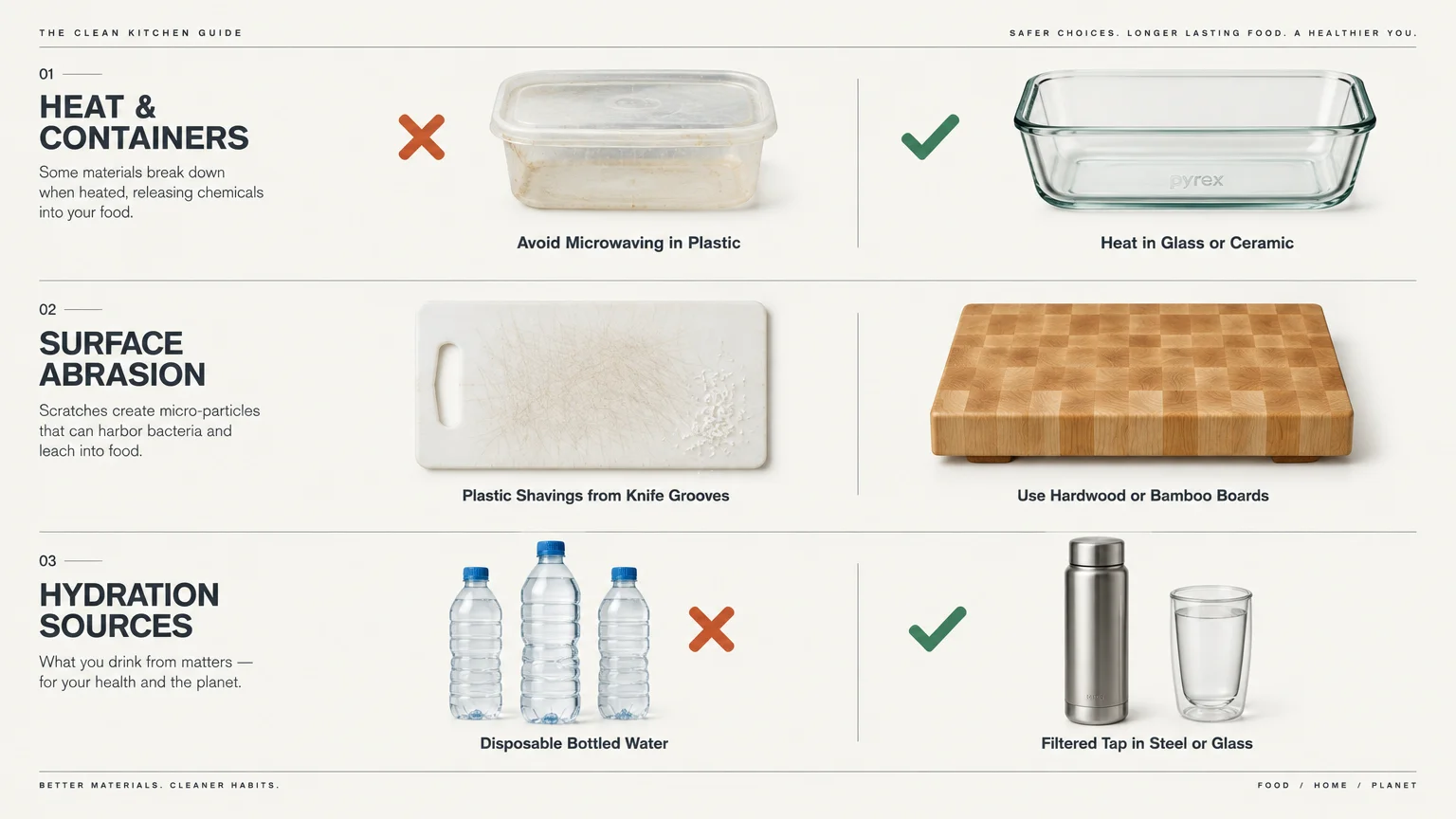 Infographic showing kitchen swaps: glass containers over plastic, wood cutting boards over plastic, and steel flasks over plastic bottles.