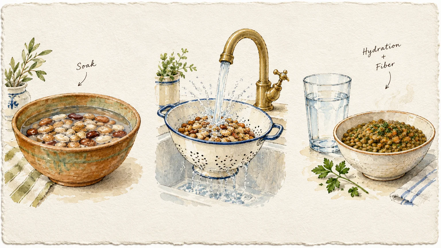 Watercolor illustration showing beans soaking in a bowl, rinsing in a colander under a faucet, and served with a glass of water.