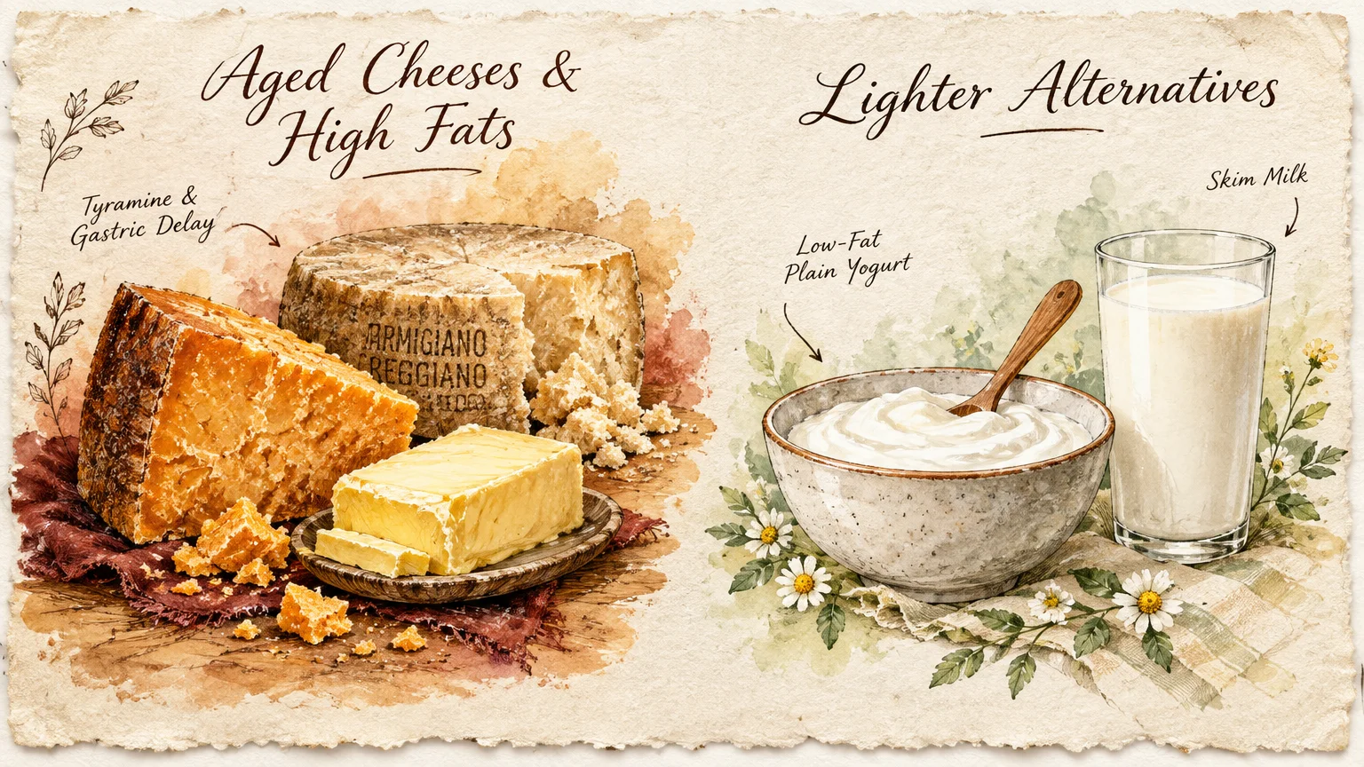 Watercolor illustration of aged cheeses and butter beside a bowl of low-fat plain yogurt and a glass of skim milk.
