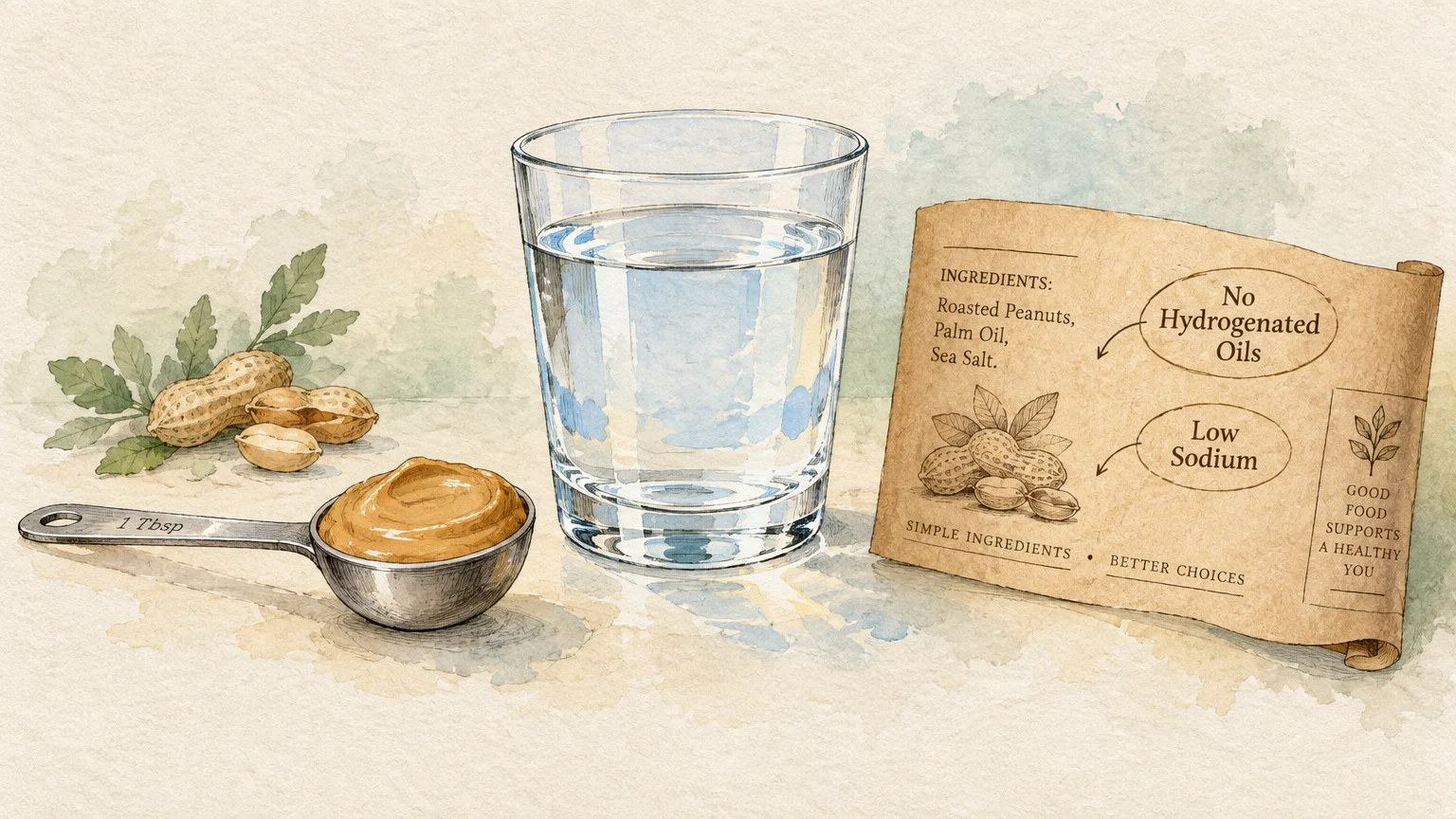 Watercolor illustration of a tablespoon of peanut butter, a glass of water, whole peanuts, and a nutrition label.