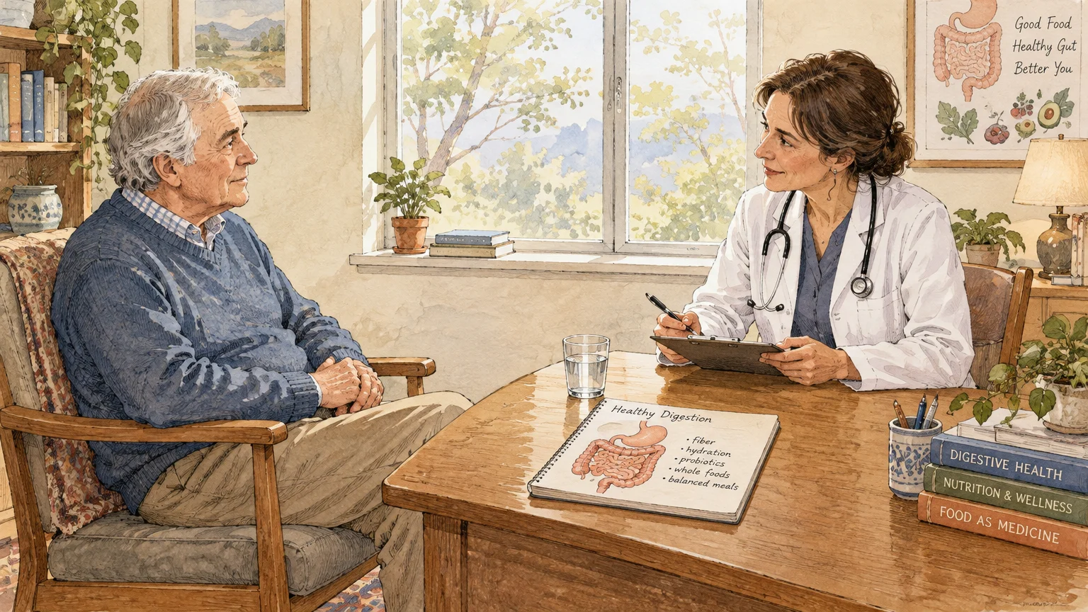 Watercolor illustration of a female doctor in a white coat consulting an older male patient across a wooden desk.