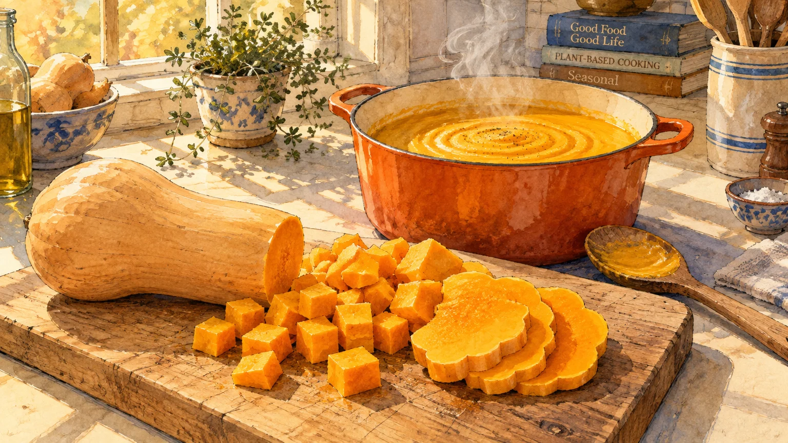 Chopped butternut squash on a cutting board beside a pot of steaming soup on a sunlit kitchen counter.