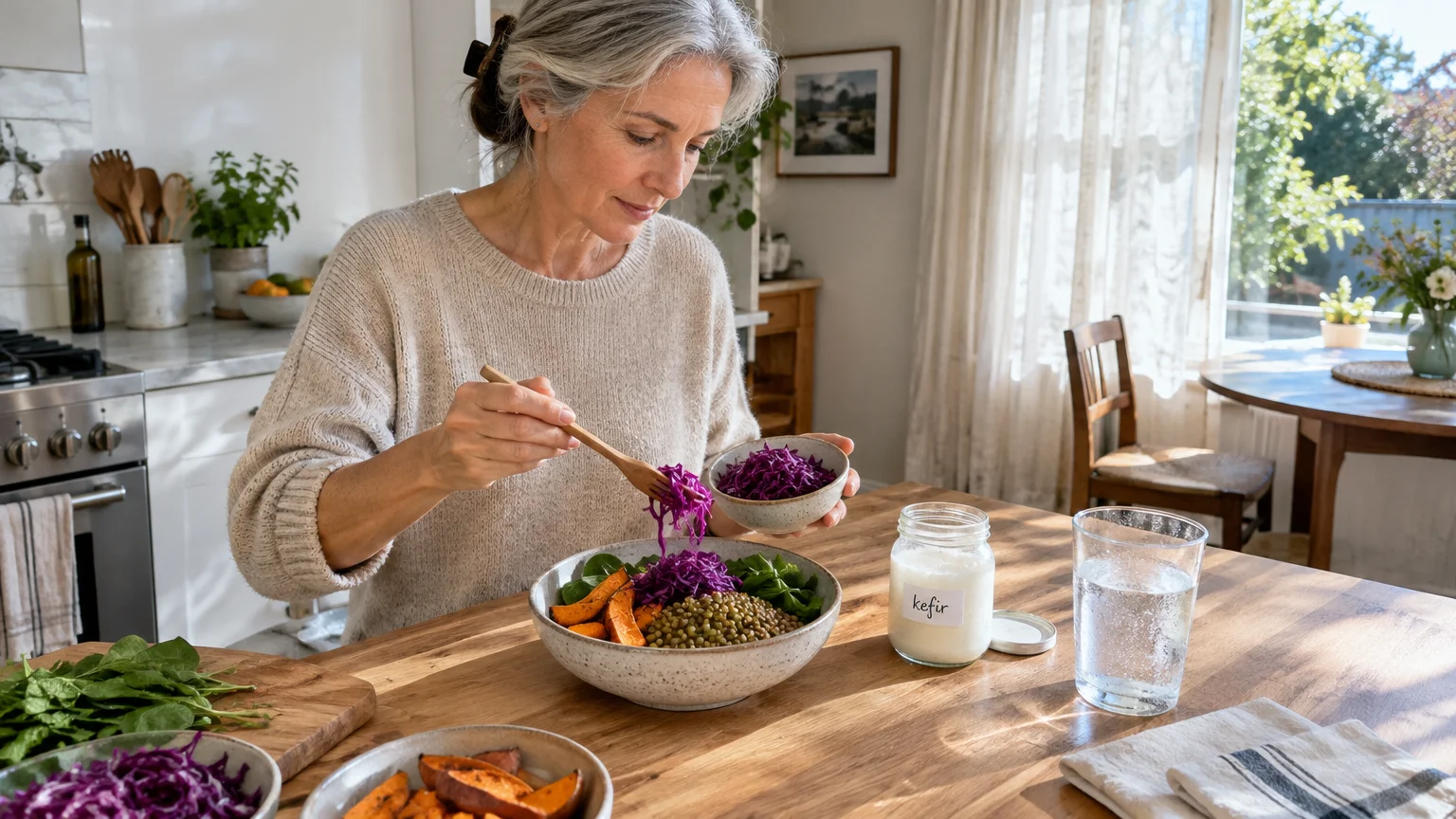 A woman adds red cabbage to a grain bowl with sweet potatoes and lentils, next to a jar of kefir on a kitchen table.